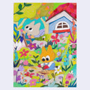 Colored pencil illustration of busy, lush garden scene with 2 small cartoon cats planting and gardening. A blue house with a red roof is in the background and a bumble bee flies around.