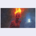 Artistic depiction of a figure with fiery head against a dark background