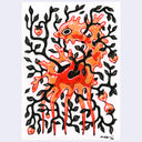 An abstract illustration featuring a stylized, organic fawn-like creature in vibrant orange and red tones, intricately overlaid with black leafy branches and vines on a white background. 