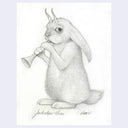 Softly rendered graphite illustration on off white paper of a jackalope, playing a horn instrument with a somewhat sad expression.
