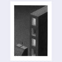 Graphite illustration of a person standing at the top of a set of steps. They look across a gap towards a building with 4 glowing rectangular doorways, without any doors.