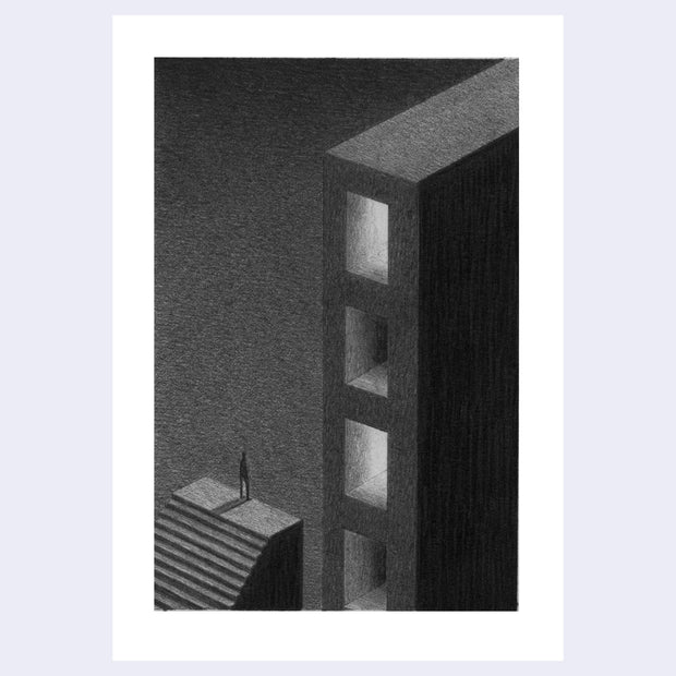 Graphite illustration of a person standing at the top of a set of steps. They look across a gap towards a building with 4 glowing rectangular doorways, without any doors.