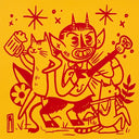 A stylized red line-art illustration on a yellow background, showing a horned devil-like character playing a guitar while surrounded by a cat holding a beer mug, a small cat, mushrooms, stars, and decorative marks.
