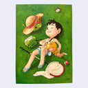 Illustration of a child laying back on a grassy field with a big net, tiny bug cage, and 2 Pokemon with tiny pokeballs nearby.