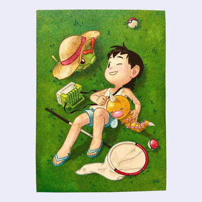 Illustration of a child laying back on a grassy field with a big net, tiny bug cage, and 2 Pokemon with tiny pokeballs nearby.