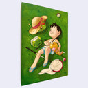 Illustration of a child laying back on a grassy field with a big net, tiny bug cage, and 2 Pokemon with tiny pokeballs nearby.