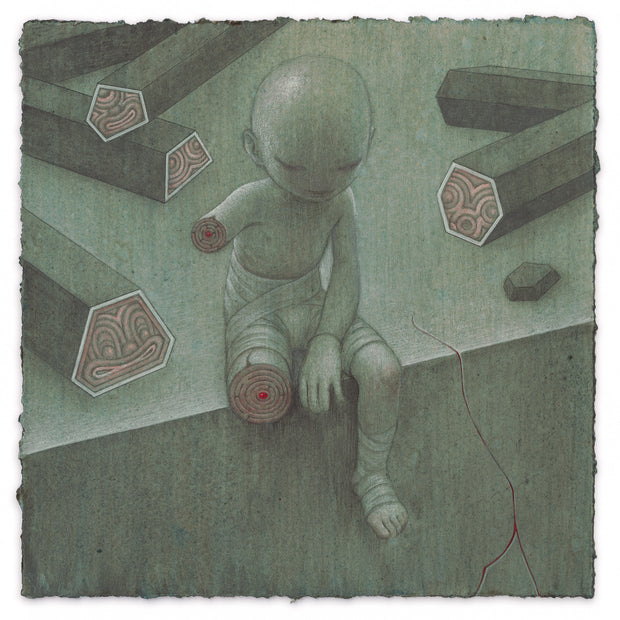 Softly rendered illustration on green toned paper of a small bald boy, sitting on a ledge. He has bandages wrapped around his body and is missing an arm and a leg. Geometric shaped logs are behind him, with circular cross sections. 
