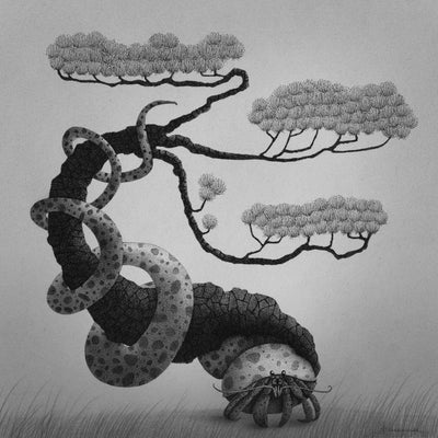 Finely rendered graphite drawing of a small hermit crab, with a very large bonsai tree growing atop its back. The trunk is very thick and has a spotted snake wrapped around it. 
