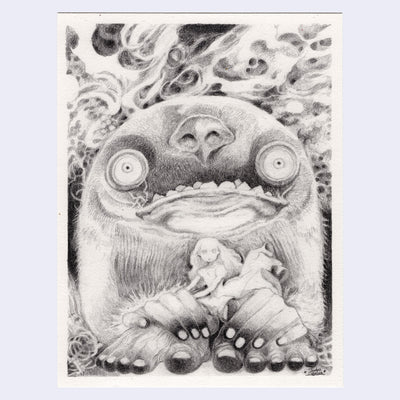 Softly rendered graphite drawing of a girl sitting in the lap of a very large monster creature. It has large eyes and an underbite and looks almost akin to a mole.