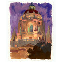 Watercolor painting of a domed architectural building with purple sky, rendered in warm brown, beige, and orange tones, with dark foliage in the foreground.