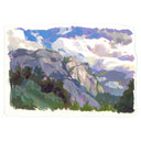 An impressionist landscape painting on textured paper, depicting purple and blue mountains, green trees, and a cloudy sky, isolated on a white background.