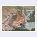 An impressionist landscape painting of a rocky coastline with a prominent reddish-brown rock formation, green trees, and blue water, presented with a white border on a light gray background.