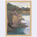 A landscape artwork depicting a rocky coastline with blue water, green trees, and a pale sky, surrounded by a light brown textured border.