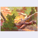 Plein air style landscape painting of a fallen tree in a bright, sunny yellow grass field.