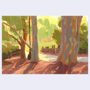 A landscape painting depicting tall trees with textured bark in the foreground, a dirt path, and a sunlit green field in the background, rendered in warm yellow, green, brown, and orange tones.