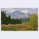 A landscape painting featuring green trees and grass in the foreground, purple and blue mountains in the background, and soft white clouds in a pale sky, shown against a light gray border.