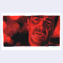 Painting of a film still from Jackie Brown of a concerned looking man, cast entirely in red lighting.