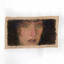 Painting on rough cut canvas of a close up portrait of a woman, with curly hair and a slightly reddened nose.