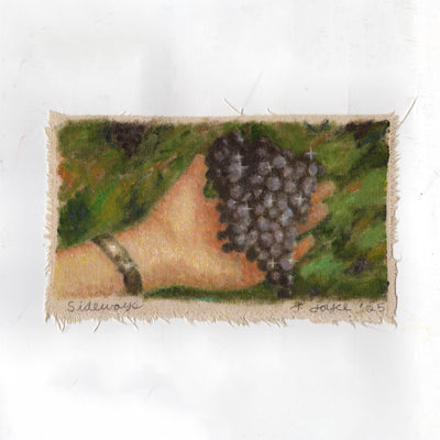 Painting on rough cut canvas of a person holding out their hand with a bunch of grapes in it.