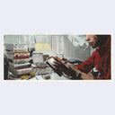 Painting based on a film still from Blowout of a person sitting at a desk with many books or VHS tapes stacked up high, smoking a cigarette and leafing throught the book.