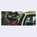 Painting based on a film still from Collateral of a man being driven in a taxi, seen from outside of the car with a slightly white light illuminating his face in the backseat.