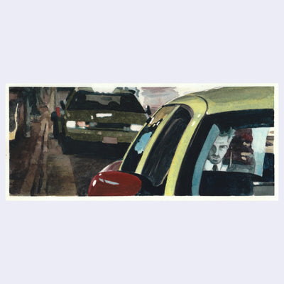 Painting based on a film still from Collateral of a man being driven in a taxi, seen from outside of the car with a slightly white light illuminating his face in the backseat.