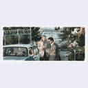 Painting based on a film still from Heat of 2 men dressed in khaki jackets standing outside of a car overlooking a freeway.