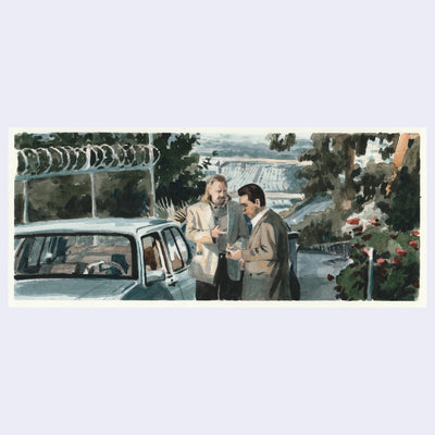 Painting based on a film still from Heat of 2 men dressed in khaki jackets standing outside of a car overlooking a freeway.