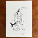 Ink illustration of an orca, standing on 2 legs inside of a well with an orange balanced atop its snout.