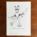 Black ink illustration on paper of a bat, wearing roller skates.
