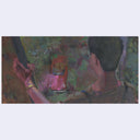 Artistic depiction of a person standing in a tree and looking down at a red car in a dark grass setting.