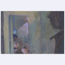 Painting of a film still of a man looking into a mirror, which reflects a nude woman in the background.