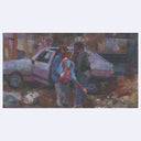 Artistic depiction of two people taking a distressed woman out of a car in an urban setting