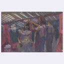 Artistic depiction of a group of people in a dimly lit room with colorful clothing.