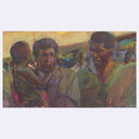 Painting of three figures with a child, using a warm color palette.