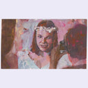 Artistic depiction of a woman with a flower crown in a crowd