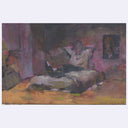 Painting of a person sitting on a bed without a bedframe in a dimly lit room.