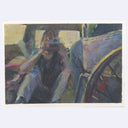 Stylistically messy painting of a person sitting in the backseat of a van and taking a picture.