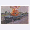 Artistic depiction of a car explosion with flames and smoke on a road.