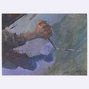 Painting of a hand holding a screwdriver and carving a line in a surface.
