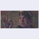 Painting of a person with a hand raised, holding a coin. Painting using a limited color palette.