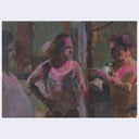 Colorful painting of a group of people in an urban setting