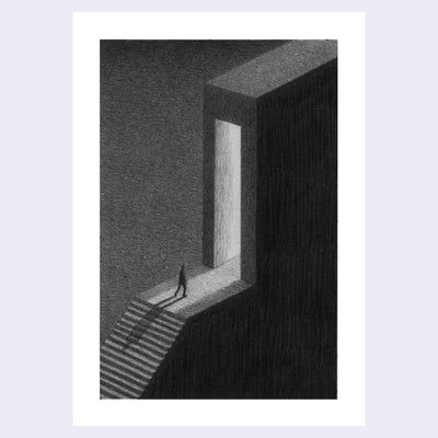 Graphite illustration of a person standing at the top of a large set of steps and in front of a very, very tall illuminated open doorway.
