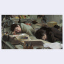 Painting based on a film still from Memories of Murder of 2 men sleeping on a desk with lots of papers scattered around them.