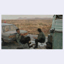 Painting based on a film still from Memories of Murder of 2 men sitting in pop up chairs next to a barren roadside in between their cars.