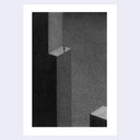 Greyscale pencil illustration of large rectangular pillars with a tiny figure standing atop of one.