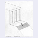 Pencil drawing of a minimalist interior with a person standing on a stair path.