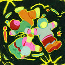Painting of 3 cartoon style children, wearing baggy shirts and pants and forming a pinwheel design with each having a hand touch in the center. They wear hood hats with a small antenna coming out the top. Background is black over fluorescent yellow. 