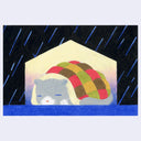 Colored pencil illustration of a gray cartoon cat resting in a tiny house, almost akin to a doghouse, and laying under a quilt. The house is seen only in silhouette of yellow, while outside is black with rain falling from the sky.