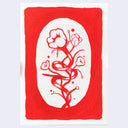Illustration in red paint on white textured paper of a flower with a winding stem, with smaller flowers sprouting off of it. The scene is enclosed in a while oval and the background is red.